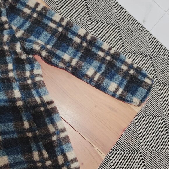 Big Chill Teal Blue Plaid Fleece/Satin Sweater Jacket - Picture 11 of 14